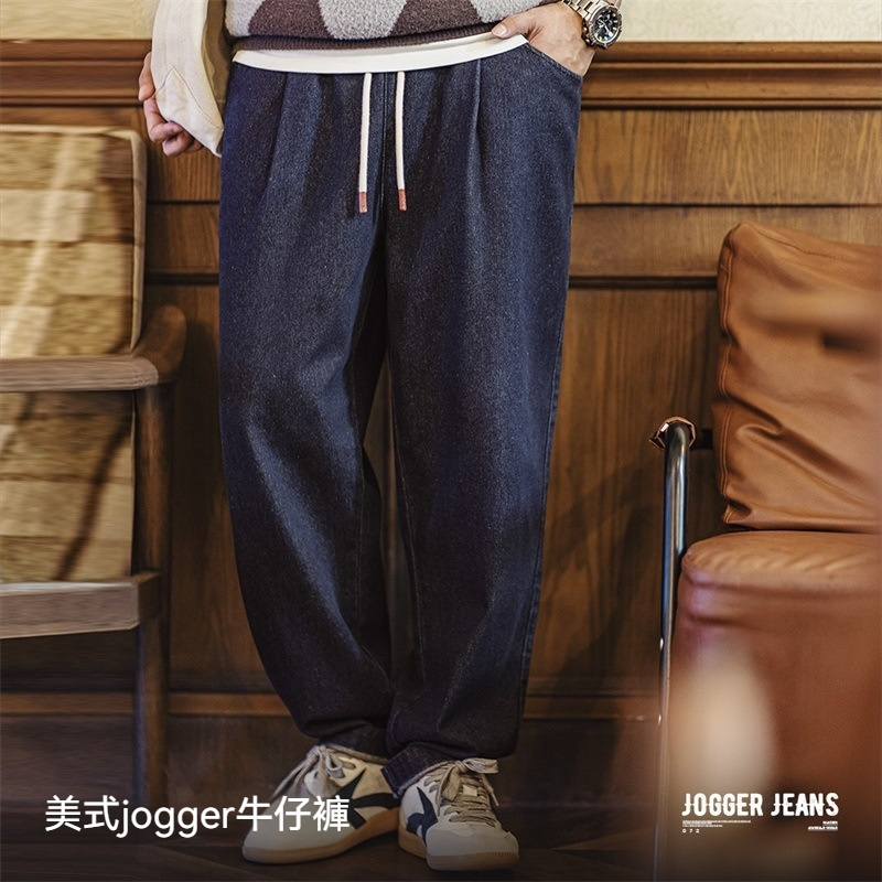 馬登工裝 美式休閒Jogger丹寧牛仔褲vibe鬆緊腰抽繩水洗直筒褲男秋