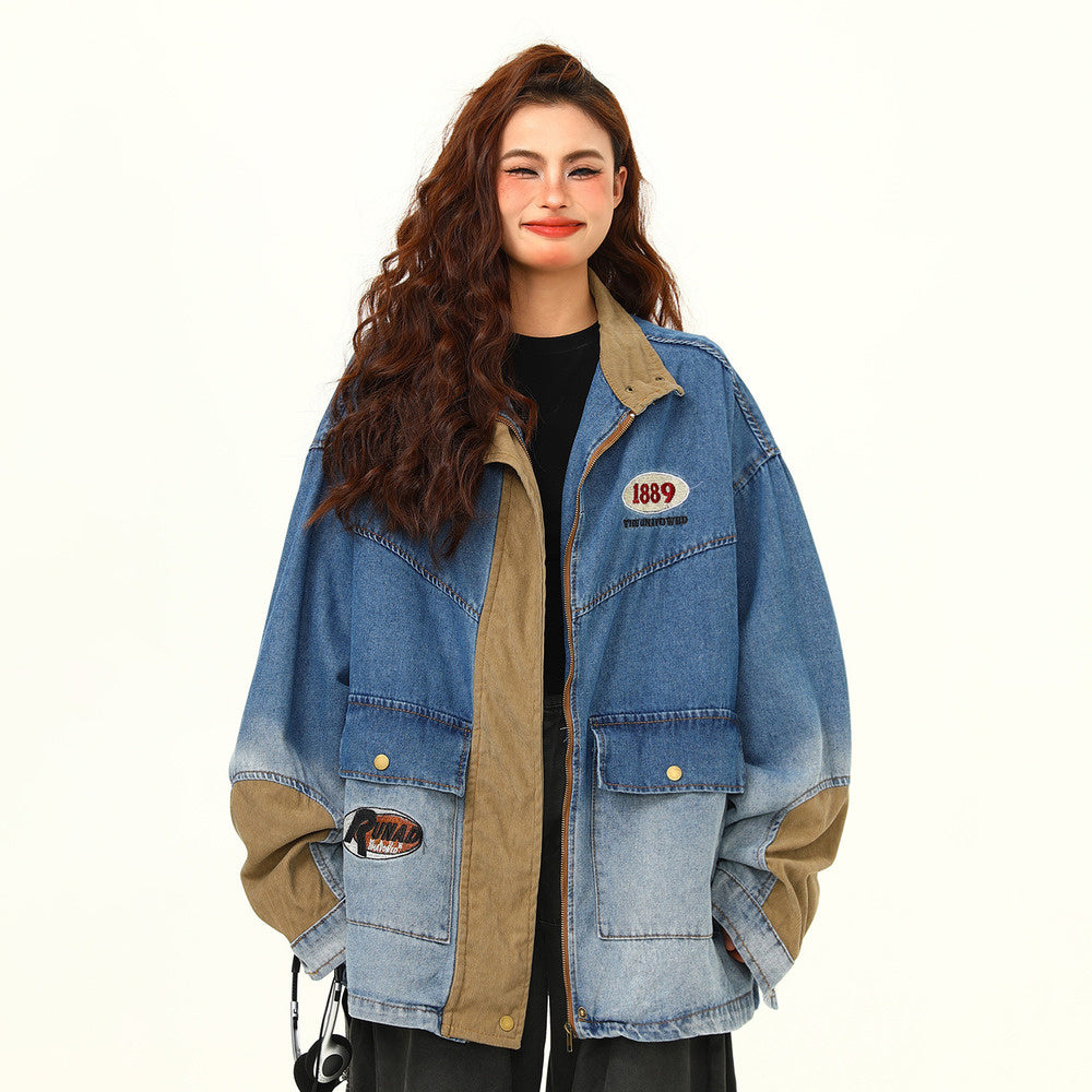 美式街頭撞色拼接Vintage字母刺繡水洗牛仔外套工裝夾克情侶