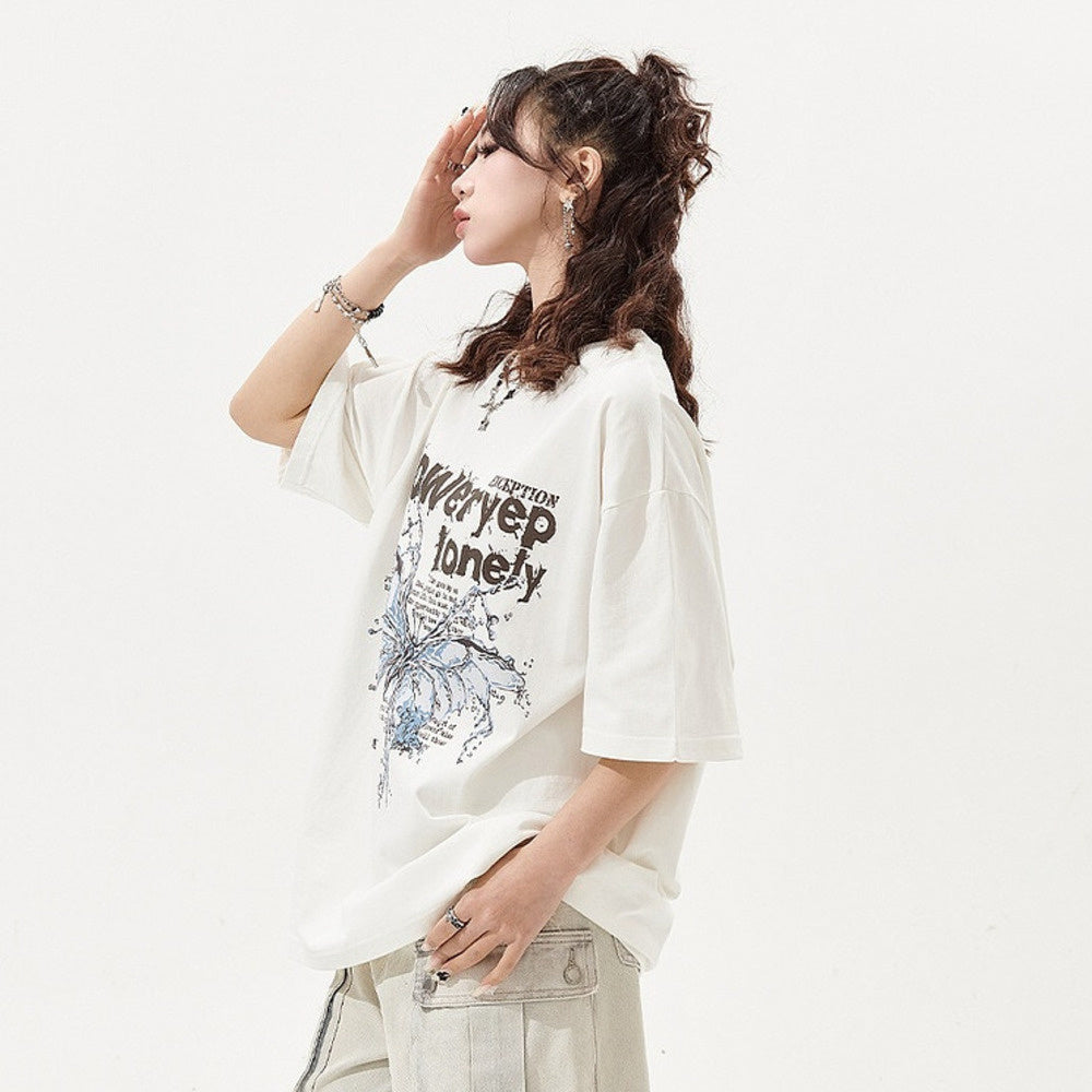 蝴蝶印花短袖T恤女復古潮牌寬鬆情侶裝上衣