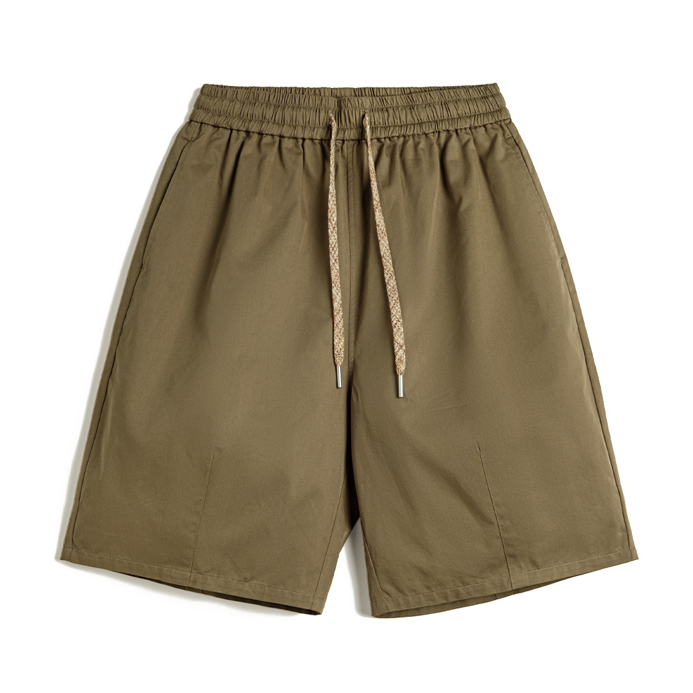 馬登工裝 美式卡其色短褲寬鬆直筒通勤鬆緊腰日系抽繩五分褲男士夏