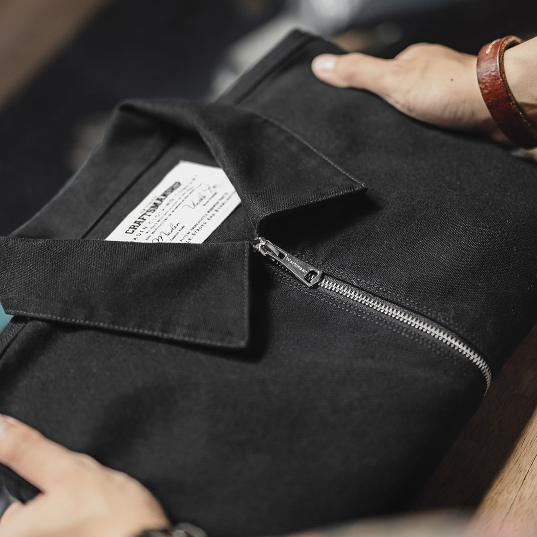 馬登工裝 美式教練夾克翻領痞帥硬挺重磅黑色純棉行政外套男秋冬