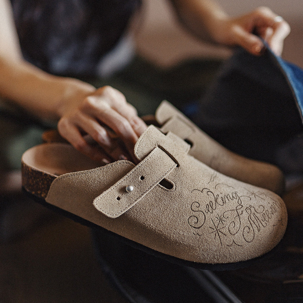 馬登女裝 插畫版穆勒鞋室外軟木休閒包頭凉拖鞋外穿釣魚懶人厚底鞋