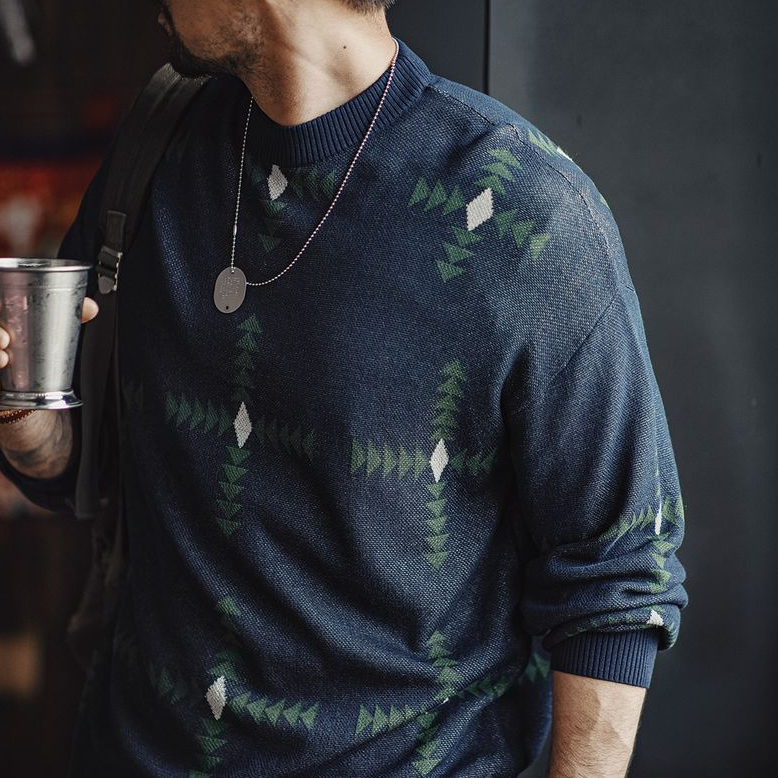 馬登工裝 美式復古幾何格紋針織毛衣學院風寬鬆圓領套頭衫上衣男秋冬