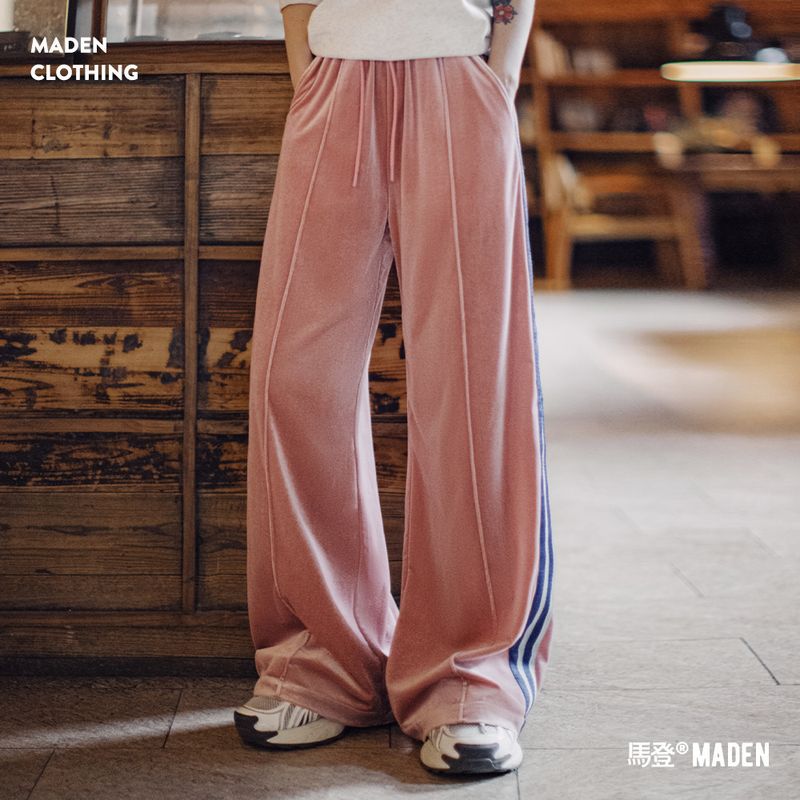 馬登女裝 絲絨直筒運動褲復古雙條杠衛褲居家長褲春秋季