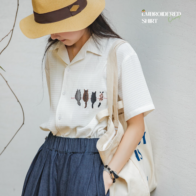 馬登女裝 休閒貓咪刺繡短袖襯衫寬鬆落肩袖華夫格襯衣