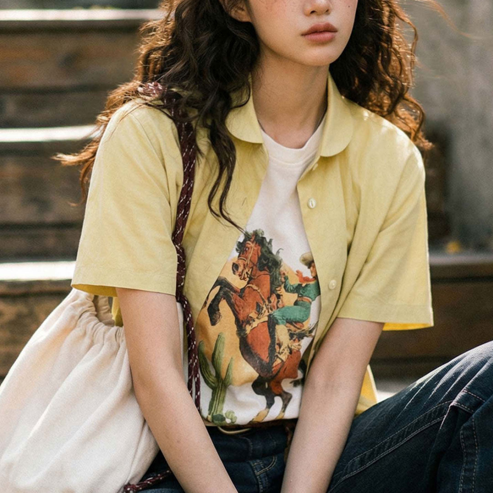 馬登女裝 黃色純棉娃娃小圓翻領收腰正肩短袖襯衫休閒襯衣女士夏