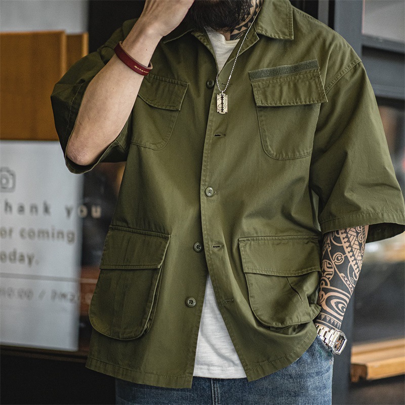 馬登工裝 美式復古M42四袋短袖襯衫軍事風寬鬆廓形翻領襯衣男春夏