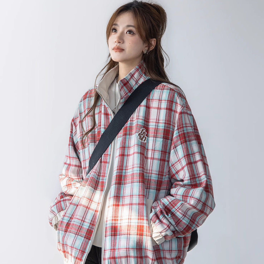 美式復古兩面穿拼接格紋外套學院風立領休閒工裝夾克