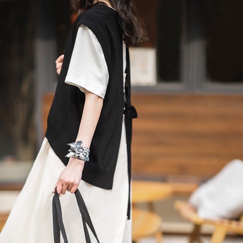 馬登女裝 法式休閒V領疊穿針織馬甲無袖露背系帶慵懶風坎肩上衣