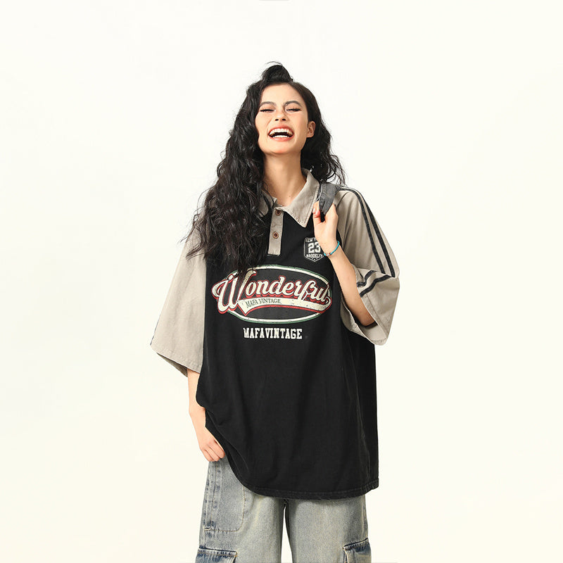 美式復古街頭學院風Polo領短袖T恤女寬鬆百搭情侶上衣