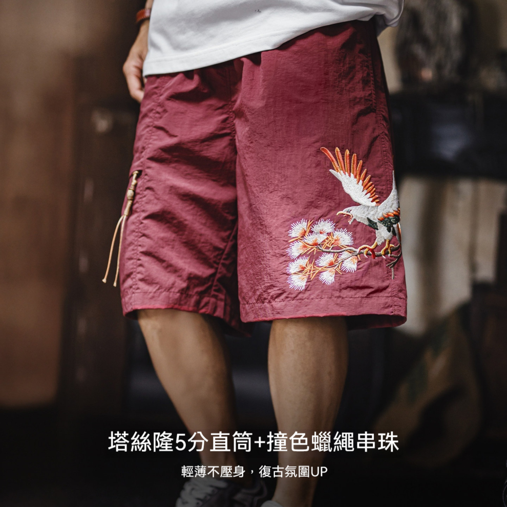 馬登工裝 美式橫須賀刺繡短褲寬鬆紅色沙灘薄款五分褲夏季