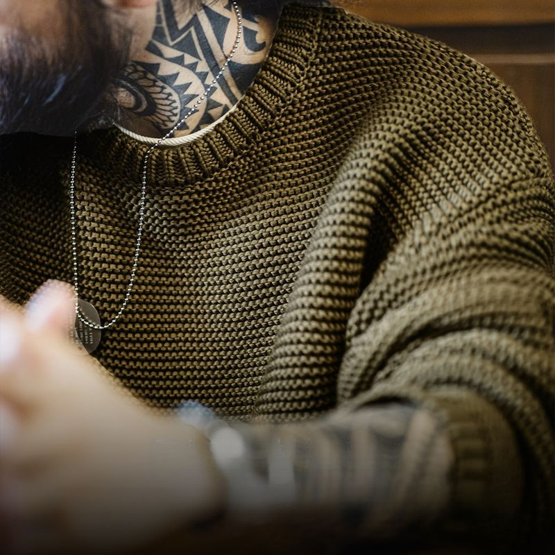 馬登工裝 美式復古重磅肌理針織毛衣寬鬆落肩圓領套頭打底衫男秋冬