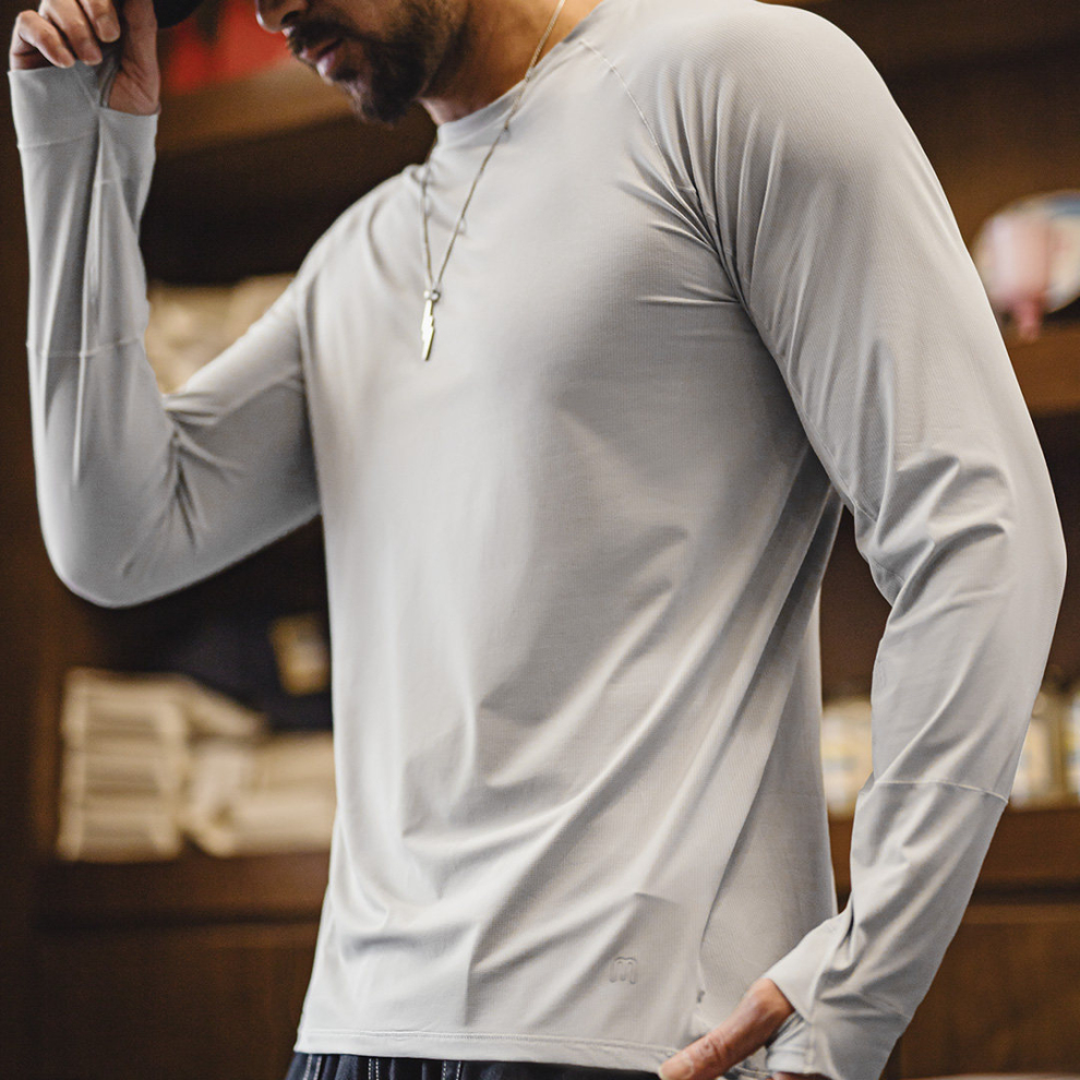 馬登工裝 美式插肩袖速幹運動T恤防曬純色長袖凉感抗菌打底衫男春