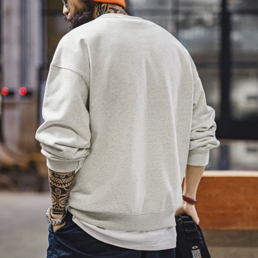 馬登工裝 美式印花灰色圓領衛衣橫須賀寬松落肩套頭長袖T恤男款春