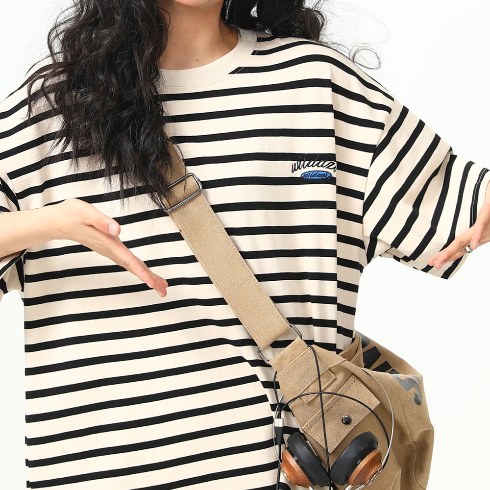 美式復古300g重磅條紋短袖T恤女寬鬆百搭上衣