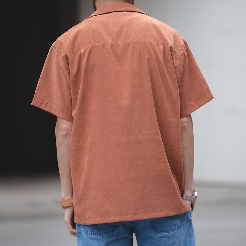馬登工裝 美式復古桃皮絨古巴領短袖襯衫阿美咔嘰春夏寬鬆襯衣