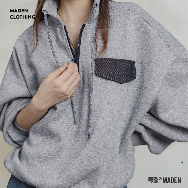馬登女裝 半拉鍊套頭衛衣美式學院風立領上衣百搭廓形落肩長袖外套秋女