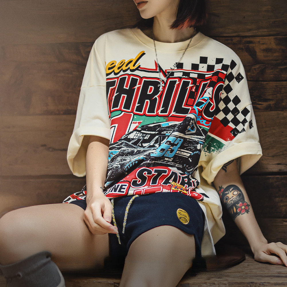 馬登女裝 復古Oversize賽車插畫落肩T恤高街慵懶寬鬆遮肉純棉短袖夏女