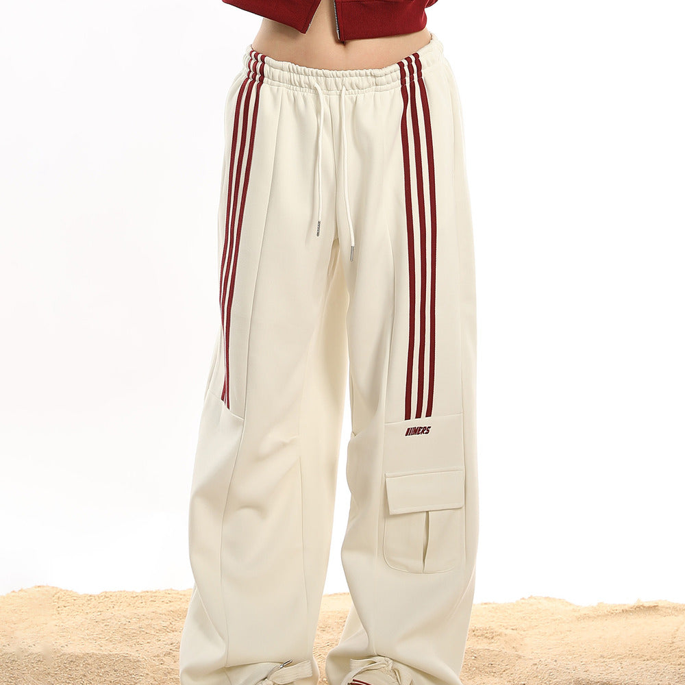 美式休閒運動衛褲女潮牌復古三條杠hiphop垂感闊腿工裝褲