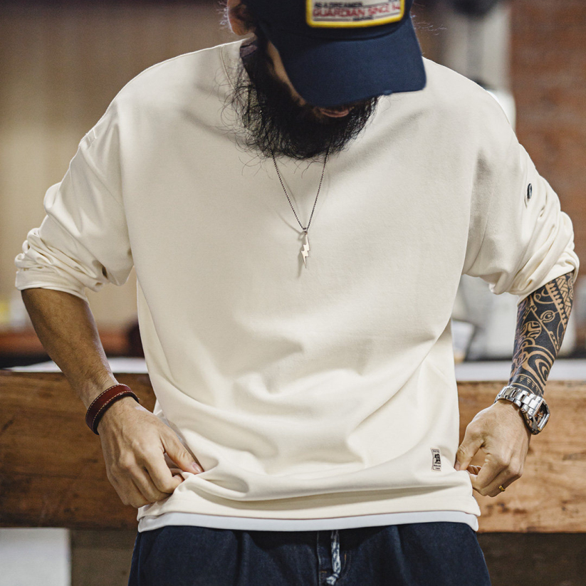 馬登工裝 美式復古長袖T恤棉V領套頭寬鬆垂感外穿衛衣男款春