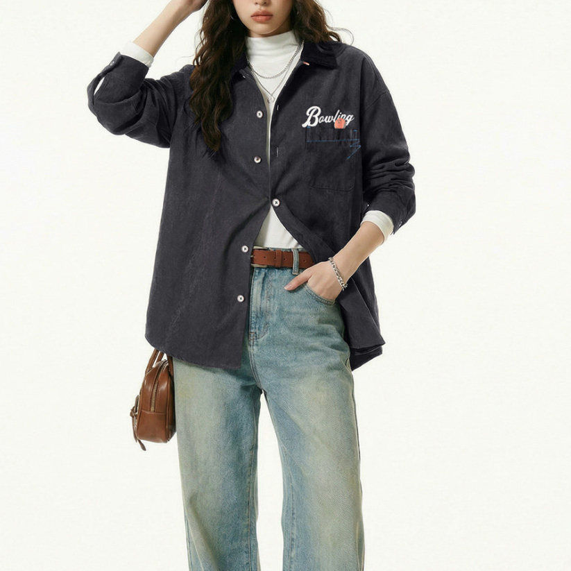 馬登女裝 黑色復古桃皮絨古巴領襯衫印花外套長袖襯衣內搭疊穿女士春