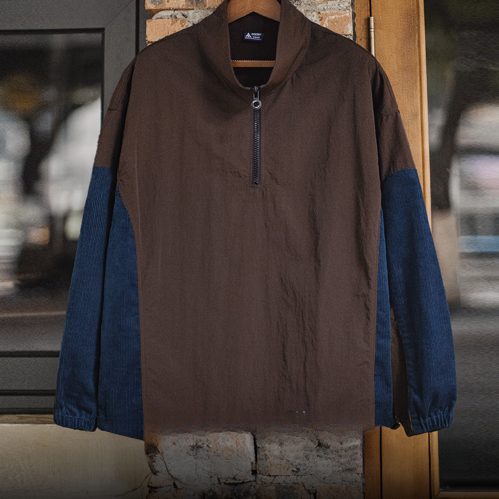 馬登工裝 美式復古拼接半拉鍊夾克翻領撞色戶外燈芯絨褶皺衛衣男春