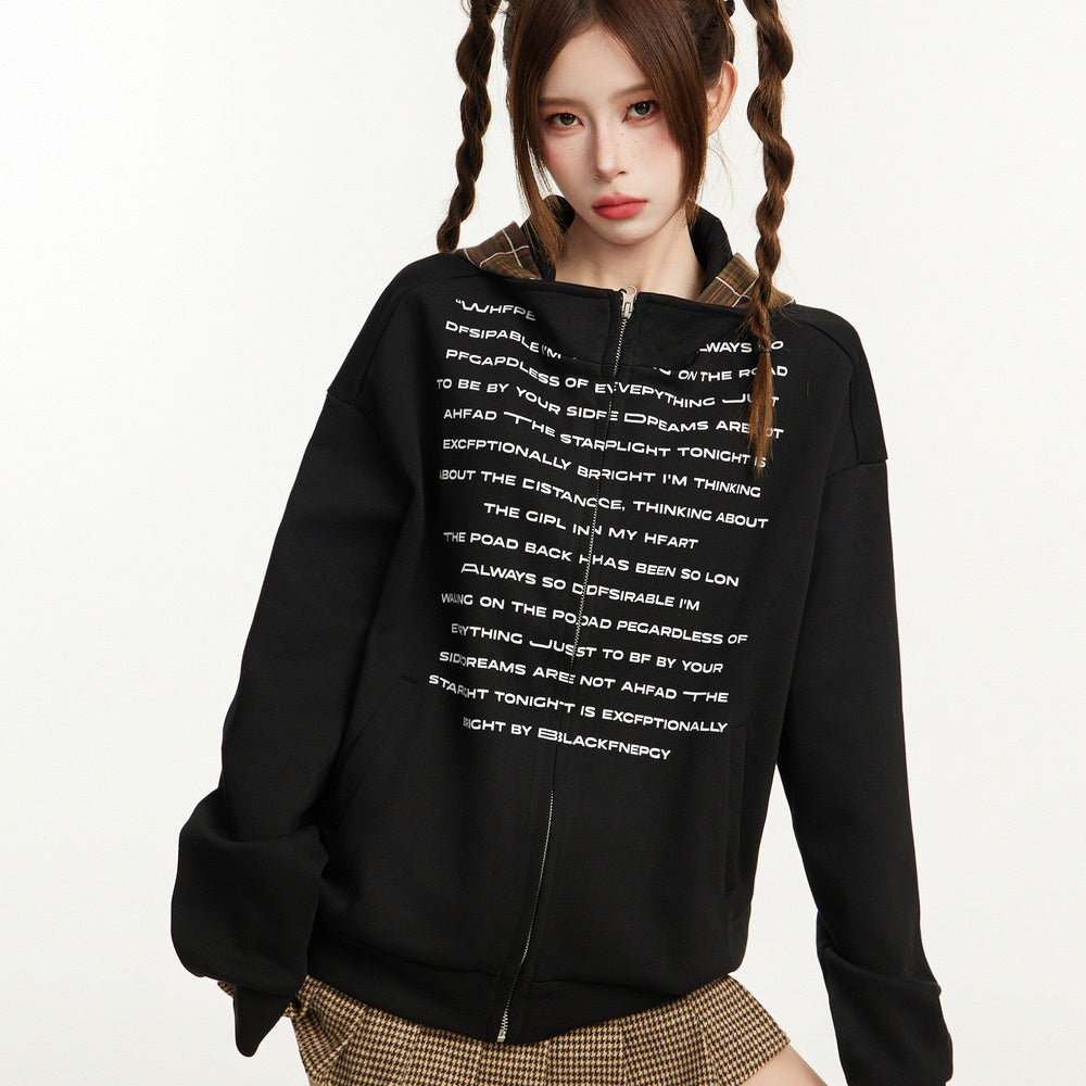 美式復古黑色拉鍊連帽衛衣外套秋冬寬鬆情侶套頭格子帽衫