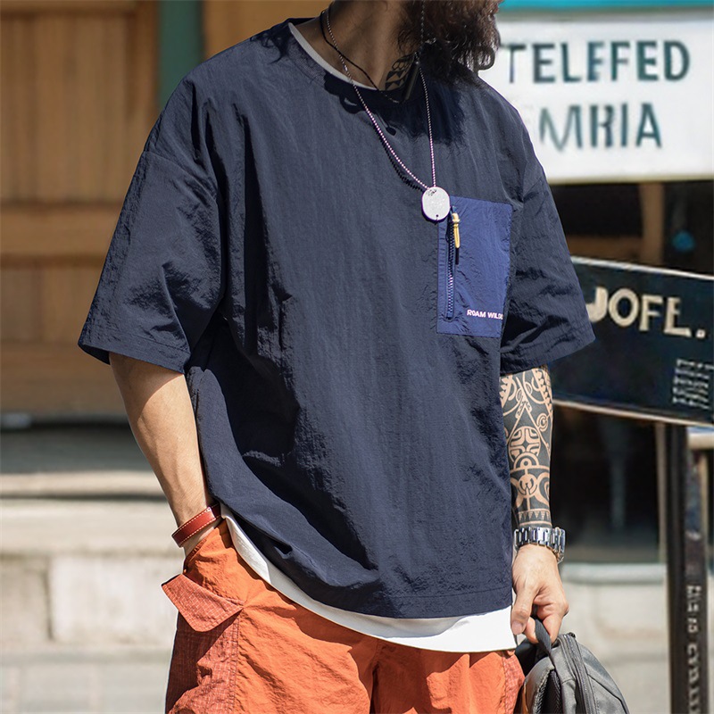 馬登工裝 山系戶外薄款口袋拼接短袖T恤落肩尼龍透氣半袖體恤男