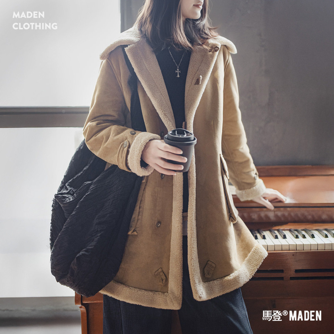 馬登女裝 復古巴恩風皮毛一體立翻領中長款加絨夾棉服襖大衣外套秋冬