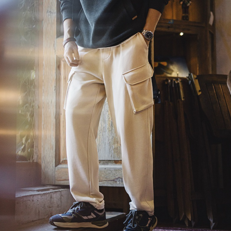 馬登工裝 美式復古多口袋直筒衛褲鬆緊腰抽繩運動休閒褲子男秋