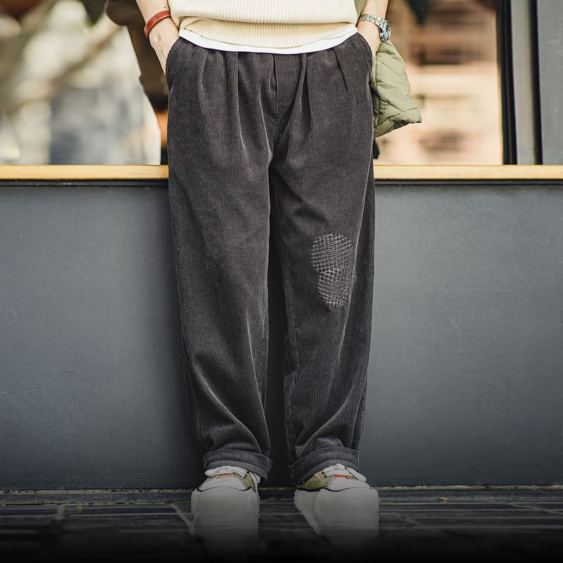 馬登工裝 美式復古燈芯絨補丁休閒褲vintage寬鬆闊腿直筒褲男秋冬