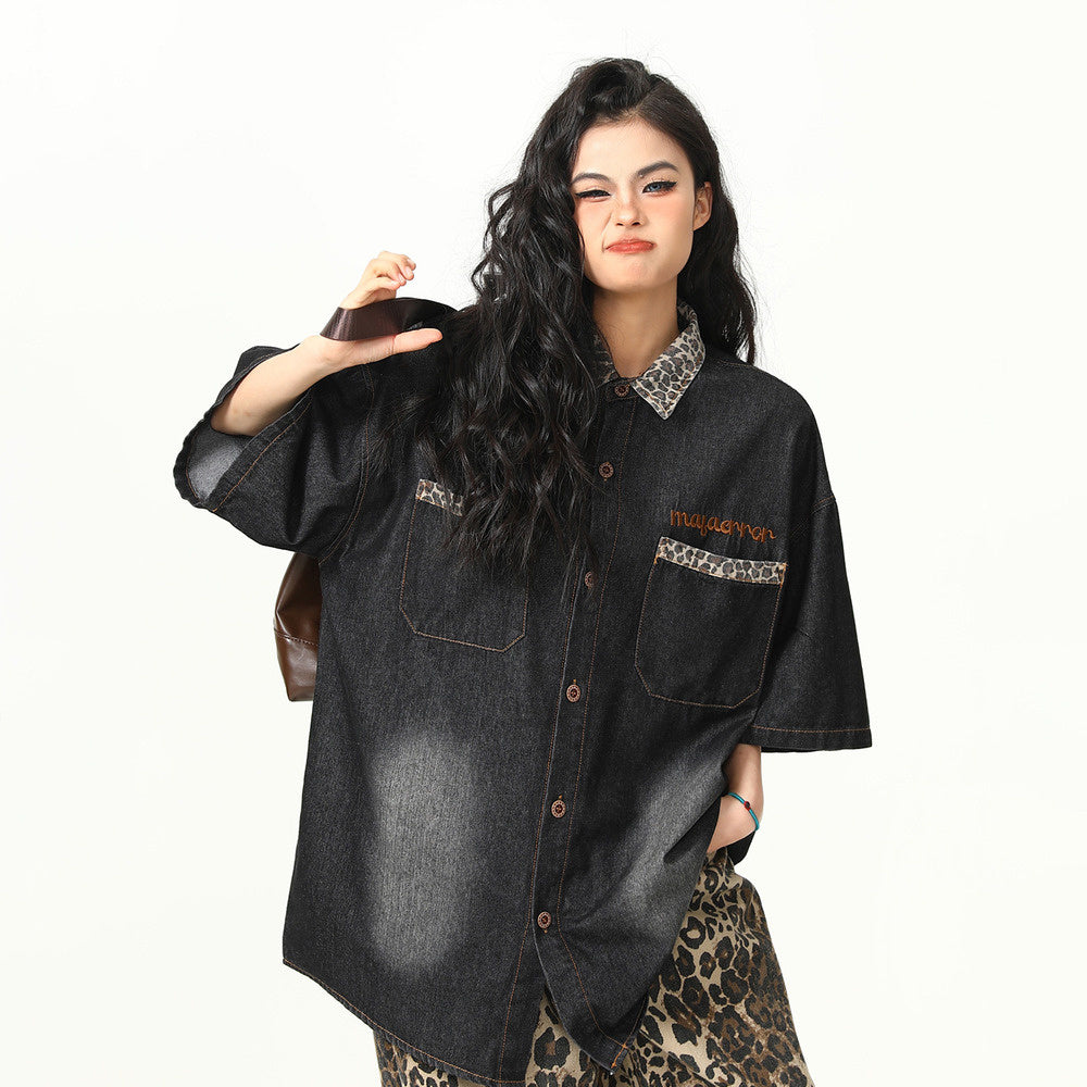 高級感豹紋拼接美式復古水洗牛仔短袖襯衫BF工裝學院風襯衣