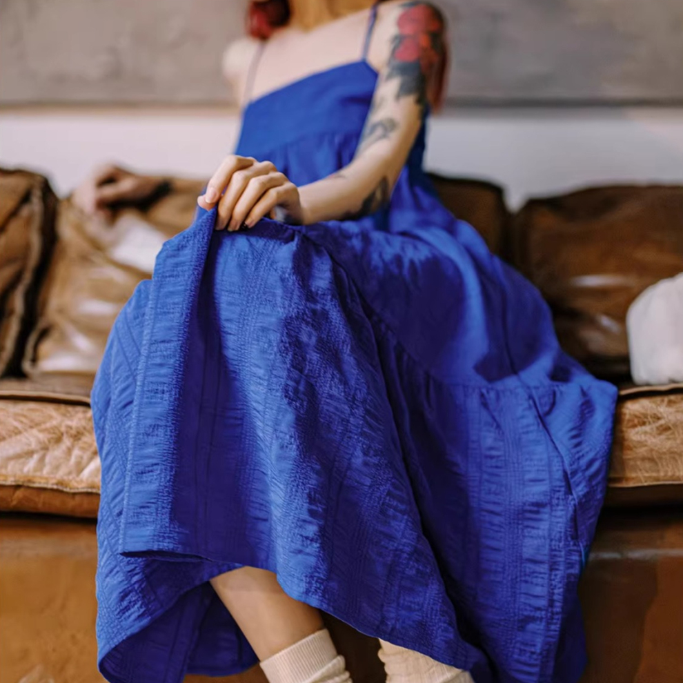 馬登女裝 解構感褶皺泡泡紗吊帶連衣裙克萊因藍冷淡系大擺A字裙子夏季