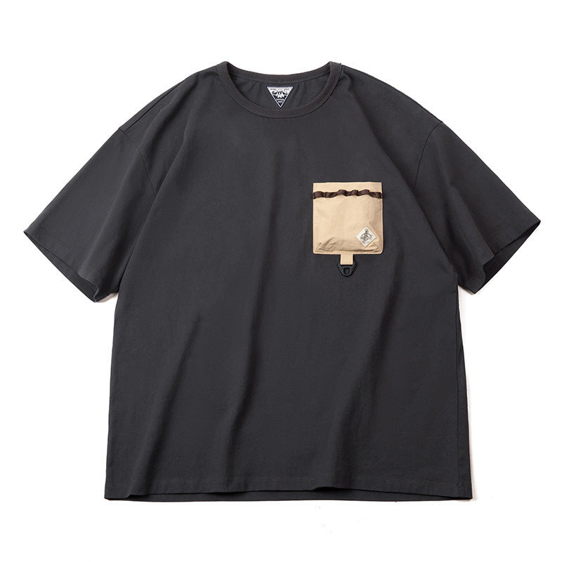 馬登女裝 美式休閑戶外機能風短袖T恤撞色口袋拼接體恤夏季純棉Tee