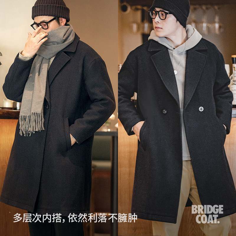 馬登工裝 美式復古羊毛呢子大衣黑色加厚寬松中長款外套男秋冬