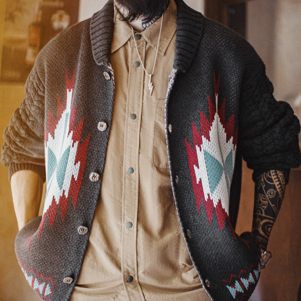 馬登工裝 美式復古考津毛衣外套印第安青果領開衫針織毛衫男秋冬