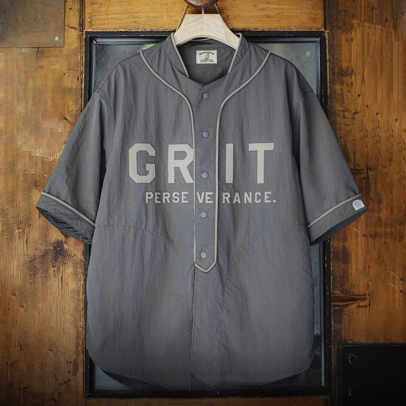 馬登女裝 夏日美式休閒Oversize棒球服半開襟襯衫日系灰色薄款襯衣