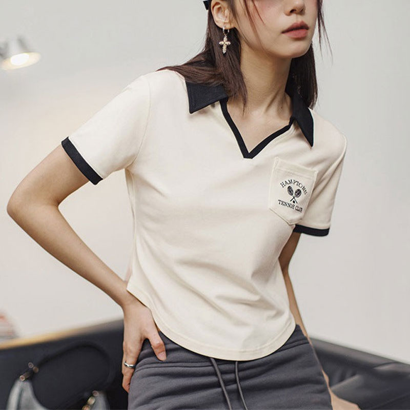 馬登女裝 復古刺繡V領Polo衫修身顯瘦口袋T恤小眾設計感撞色上衣