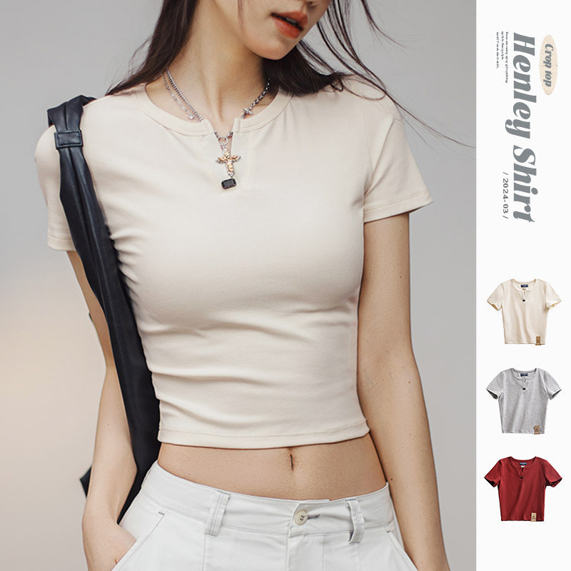 馬登女裝 美式亨利衫短袖正肩修身純棉T恤內搭打底衫短款辣妹上衣