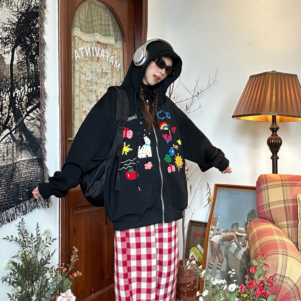 美式復古卡通毛巾繡拉鍊外套秋季休閒寬鬆連帽衛衣開衫外套