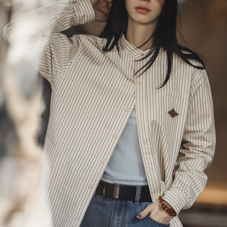 馬登女裝 法式復古細條紋長袖襯衫寬鬆設計感棒球襯衫外套