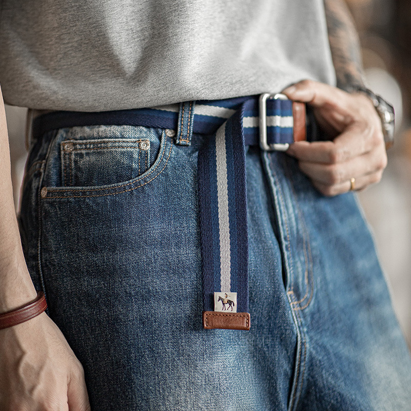 馬登工裝 復古雙環扣條紋腰帶學院風免打孔鬆緊編織帆布配飾褲帶