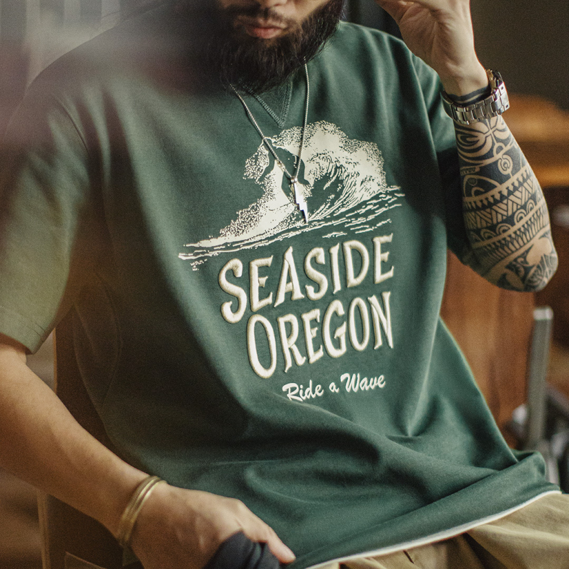 馬登工裝 美式復古立體刺繡T恤数位印花螺紋領口短袖男士夏