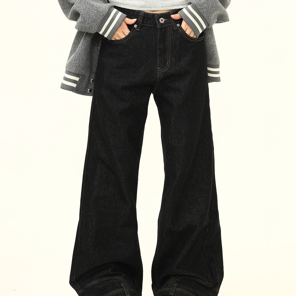 美式復古小眾設計感黑色倒裝牛仔褲寬鬆直筒闊腿反穿長褲