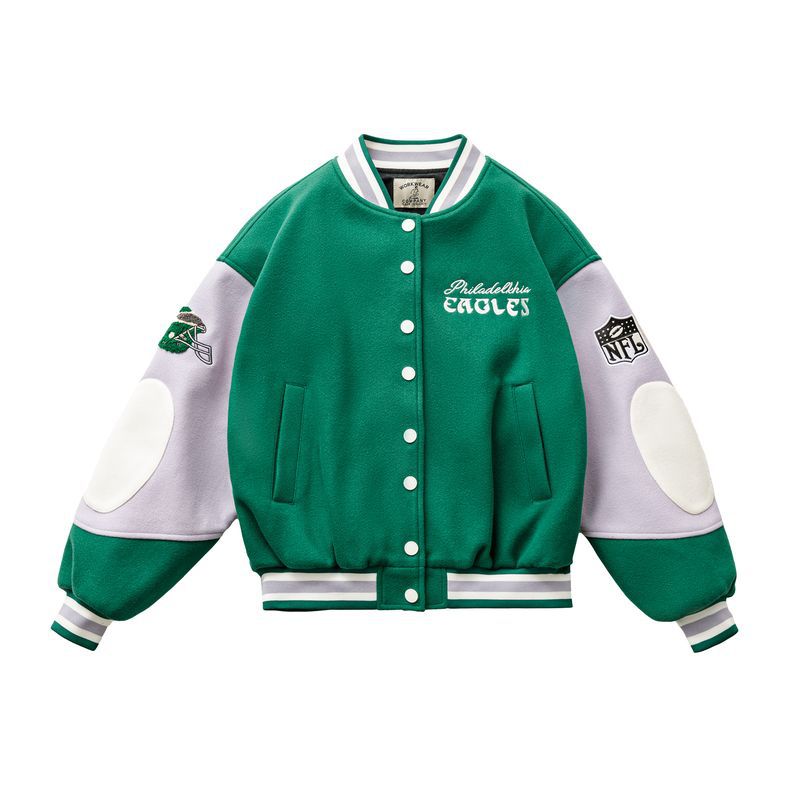 馬登女裝 美式撞色拼接棒球服外套復古休閒毛呢夾克刺繡厚短上衣秋冬