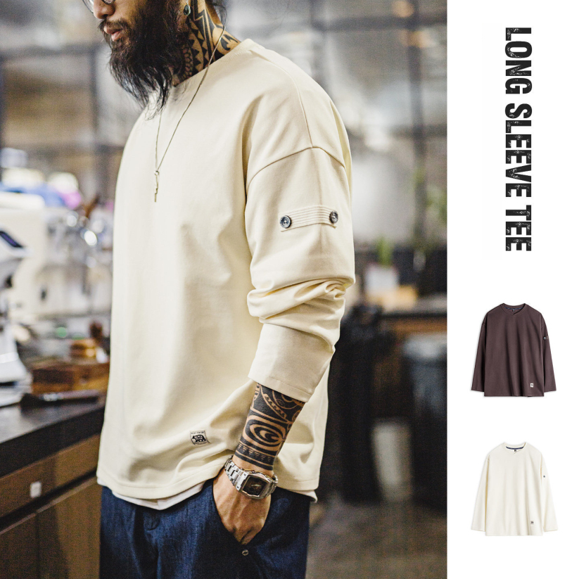 馬登工裝 美式復古長袖T恤棉V領套頭寬鬆垂感外穿衛衣男款春