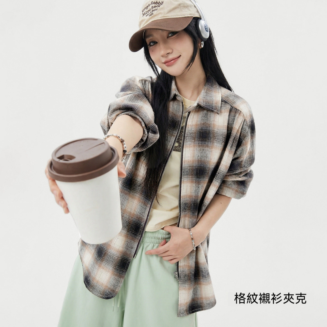 馬登女裝 復古寬鬆翻領純棉磨毛格子紋長袖襯衫薄款夾克外套上衣春