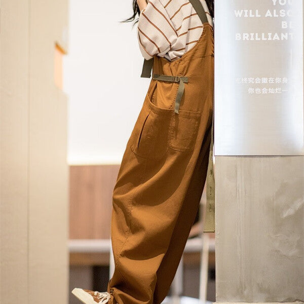馬登女裝 美式復古减齡寬鬆背帶褲大口袋直筒吊帶連體工裝長褲