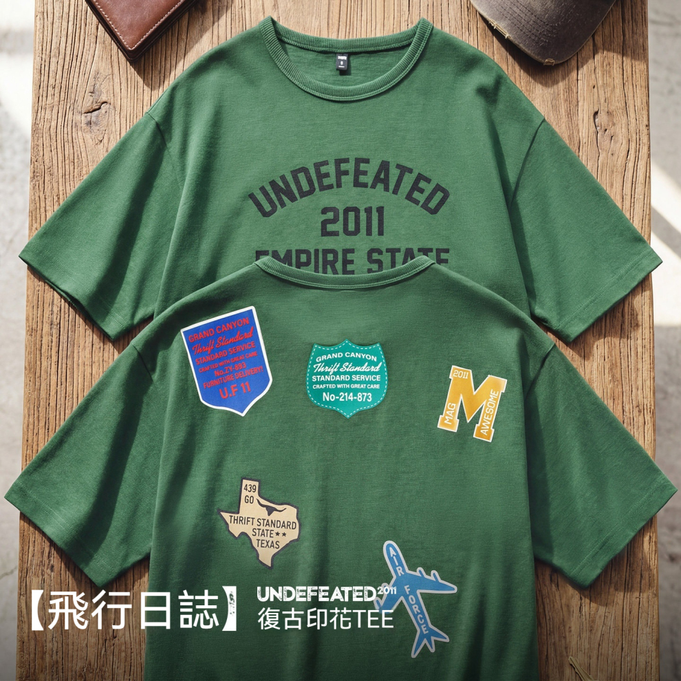 馬登工裝 美式章仔印花T恤綠色小眾圓領正肩設計感短袖上衣