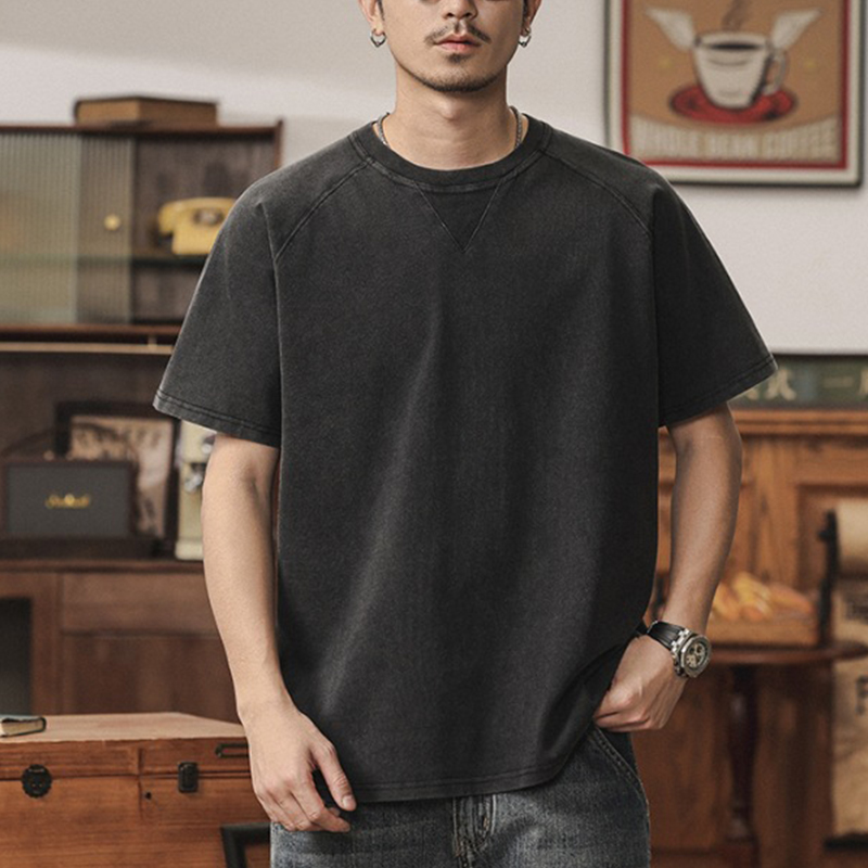 復古水洗做舊純棉男士短袖T卹夏季潮流寬鬆套頭休閒上衣
